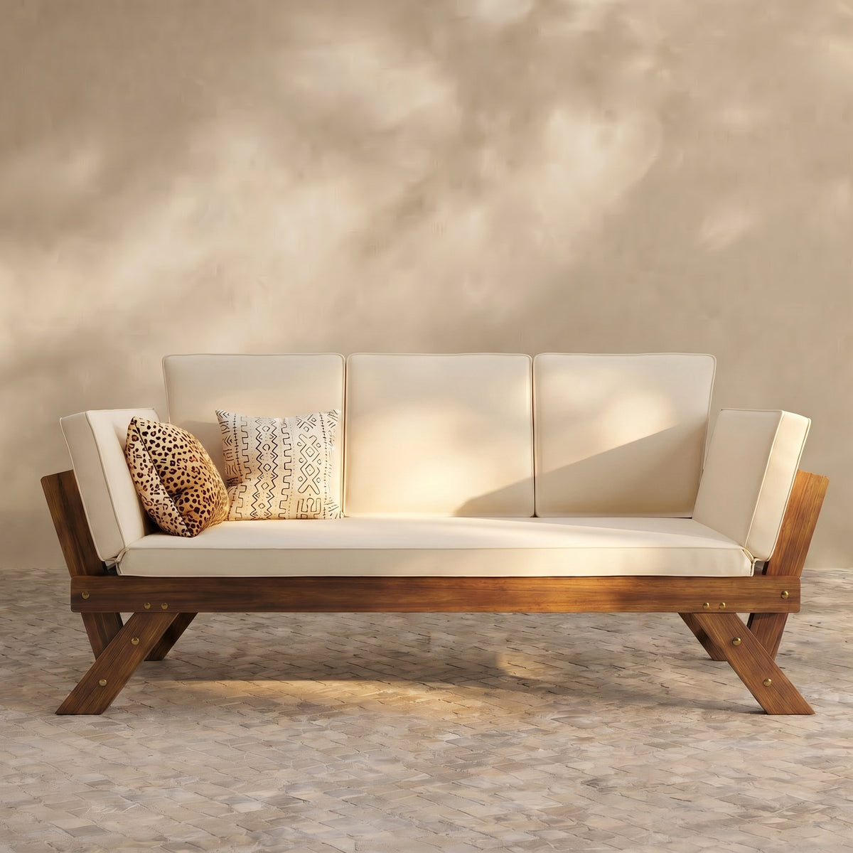 Sfeerco Outdoor Wooden Daybed Chaise Lounge Adjustable with Beige Cushions Natural Finish – Brisa