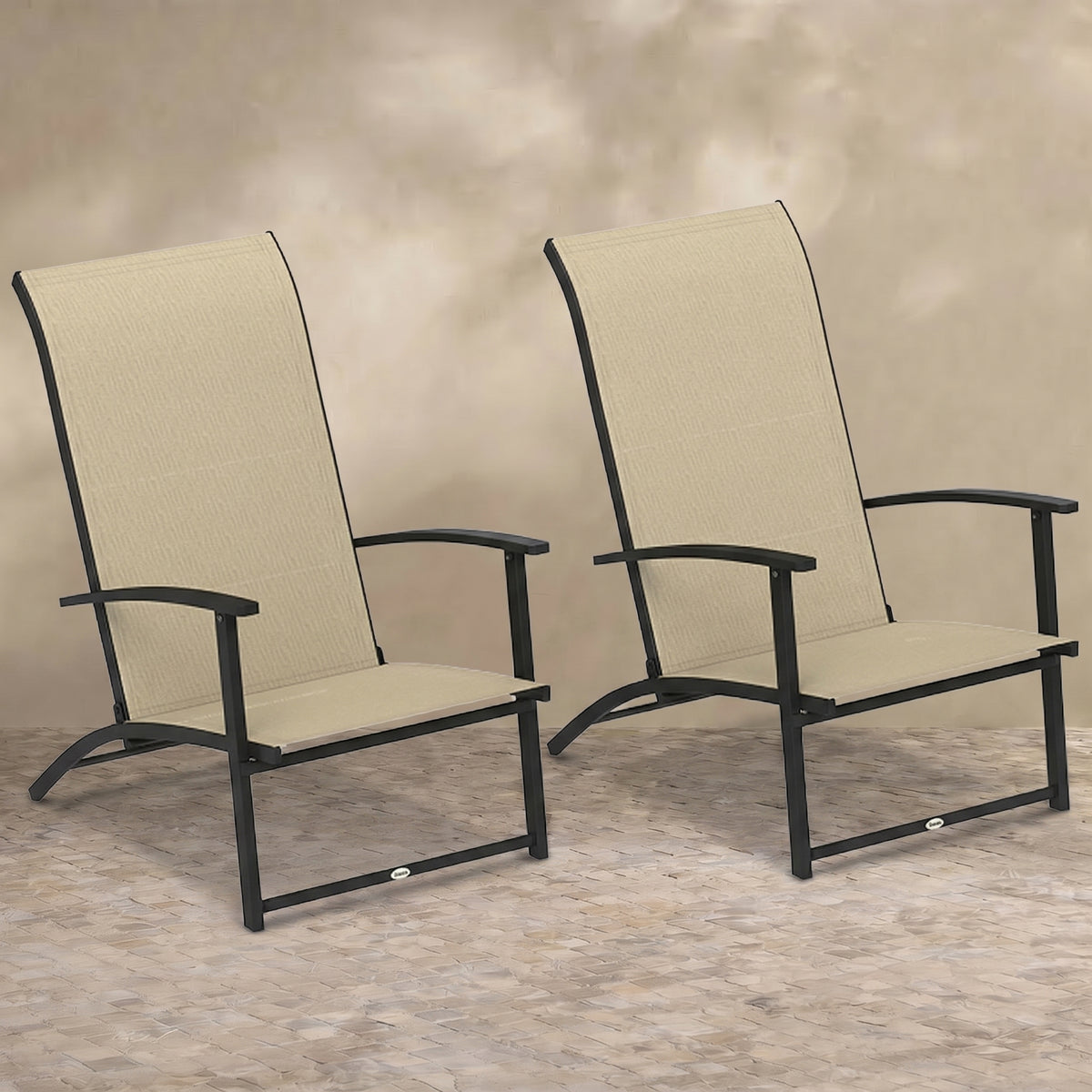Sfeerco Folding Patio Chairs Set of 2, High Back Outdoor Dining Chairs with Armrests and Breathable Mesh, Beige