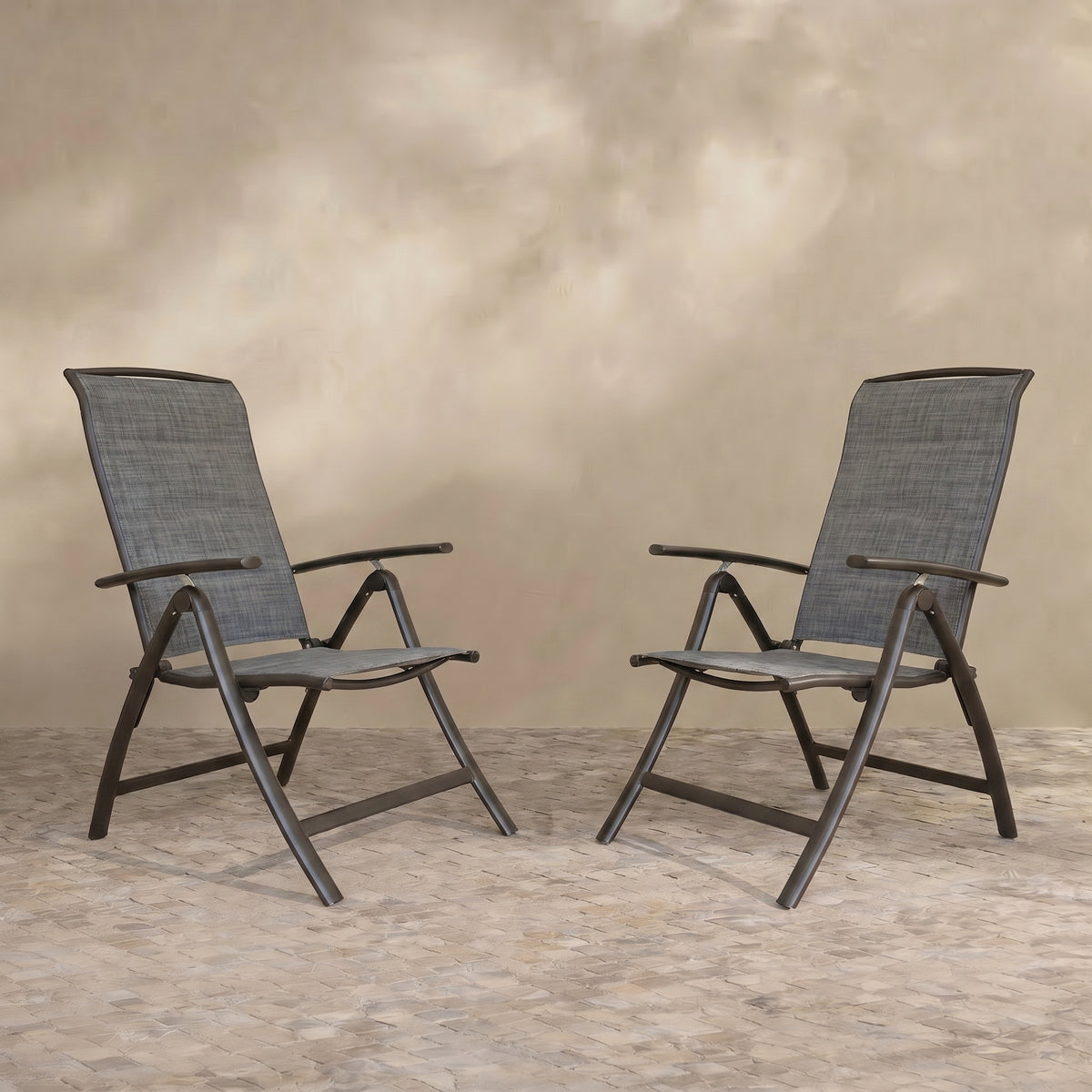 Sfeerco Folding Patio Chairs Set of 2, Aluminum Reclining Sling Chairs with Adjustable High Backrest, Textilene Fabric, Dark Brown