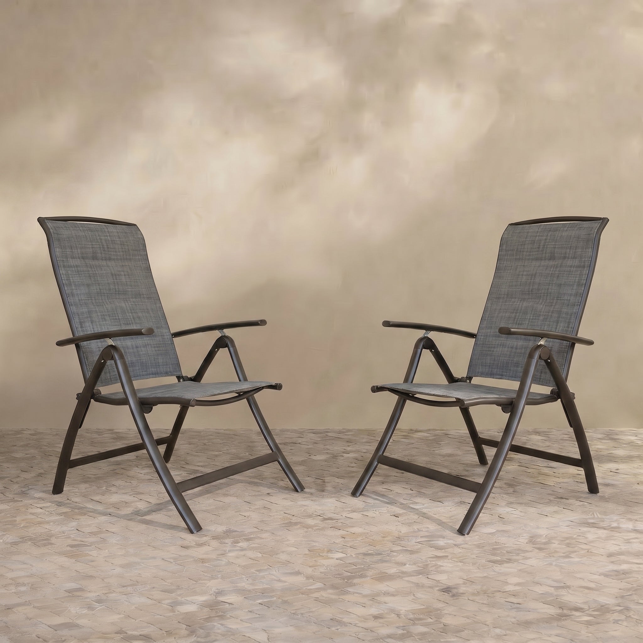 Sfeerco Folding Patio Chairs Set of 2, Aluminum Reclining Sling Chairs with Adjustable High Backrest, Textilene Fabric, Dark Brown