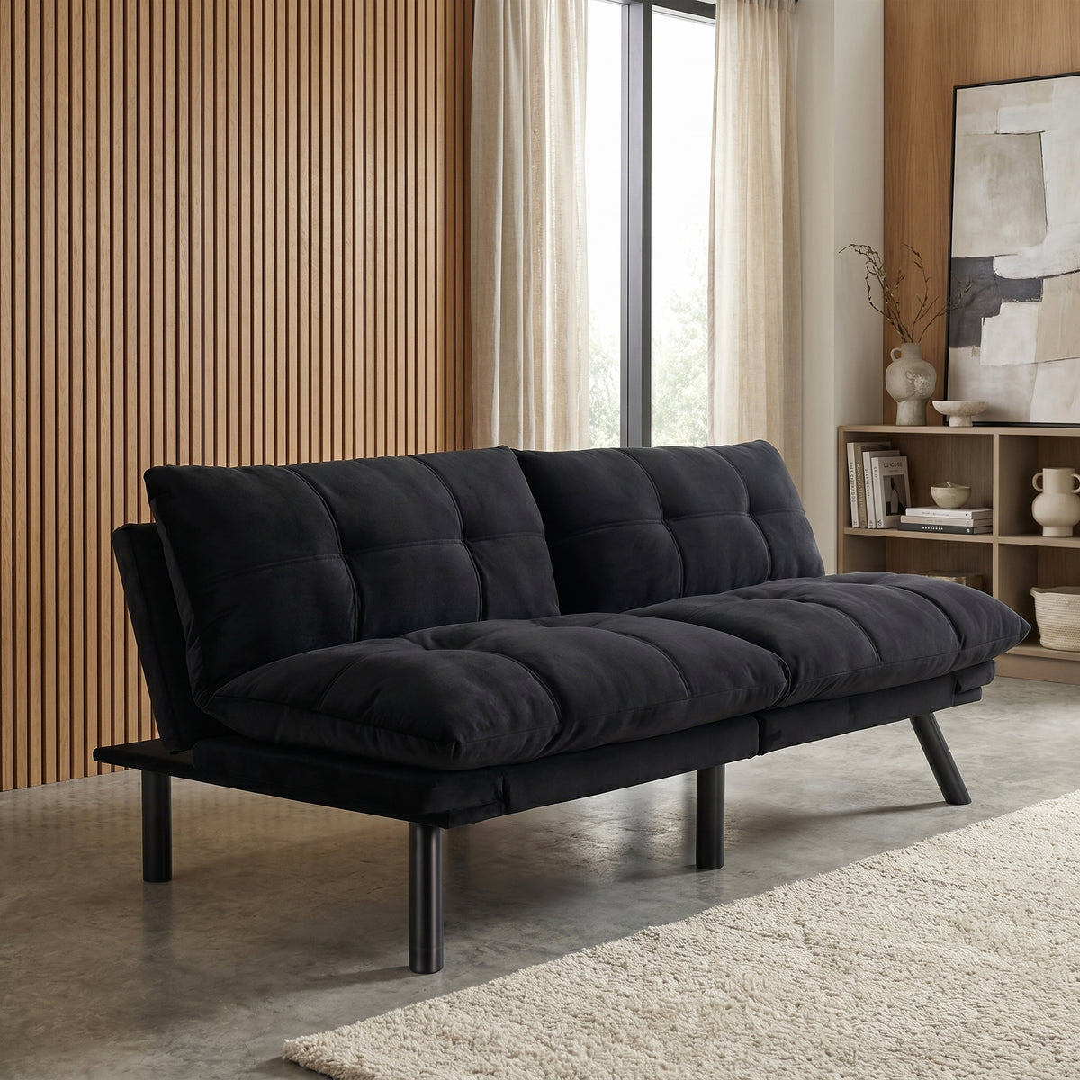 Sfeerco Convertible Folding Sofa Bed 2-Seater Twin Adjustable Backrest and Armrest Black Modern Living Room