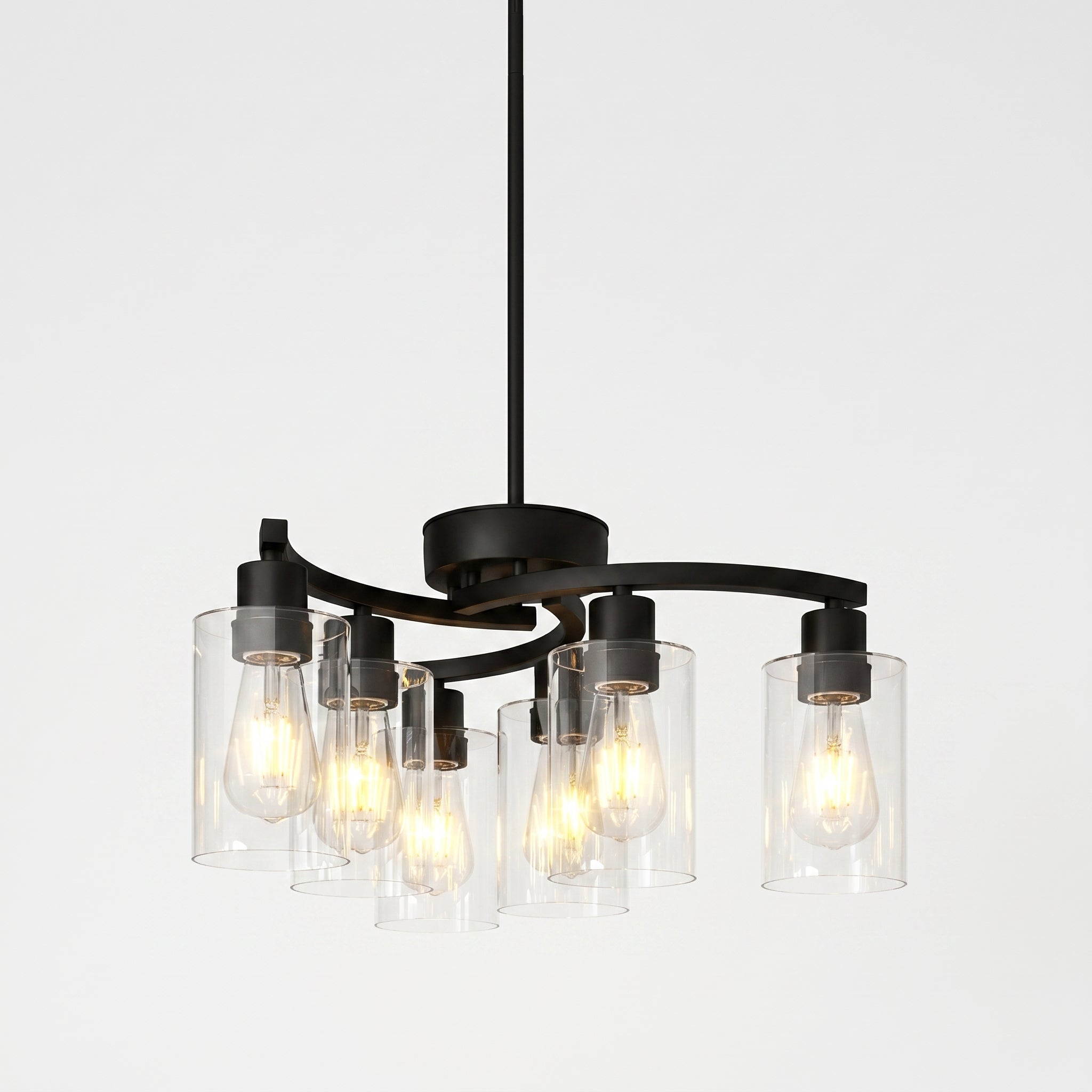 Sfeerco Modern Farmhouse Black Chandelier 6-Light Clear Glass Shade Adjustable Height Industrial Pendant Dining Room Kitchen Island