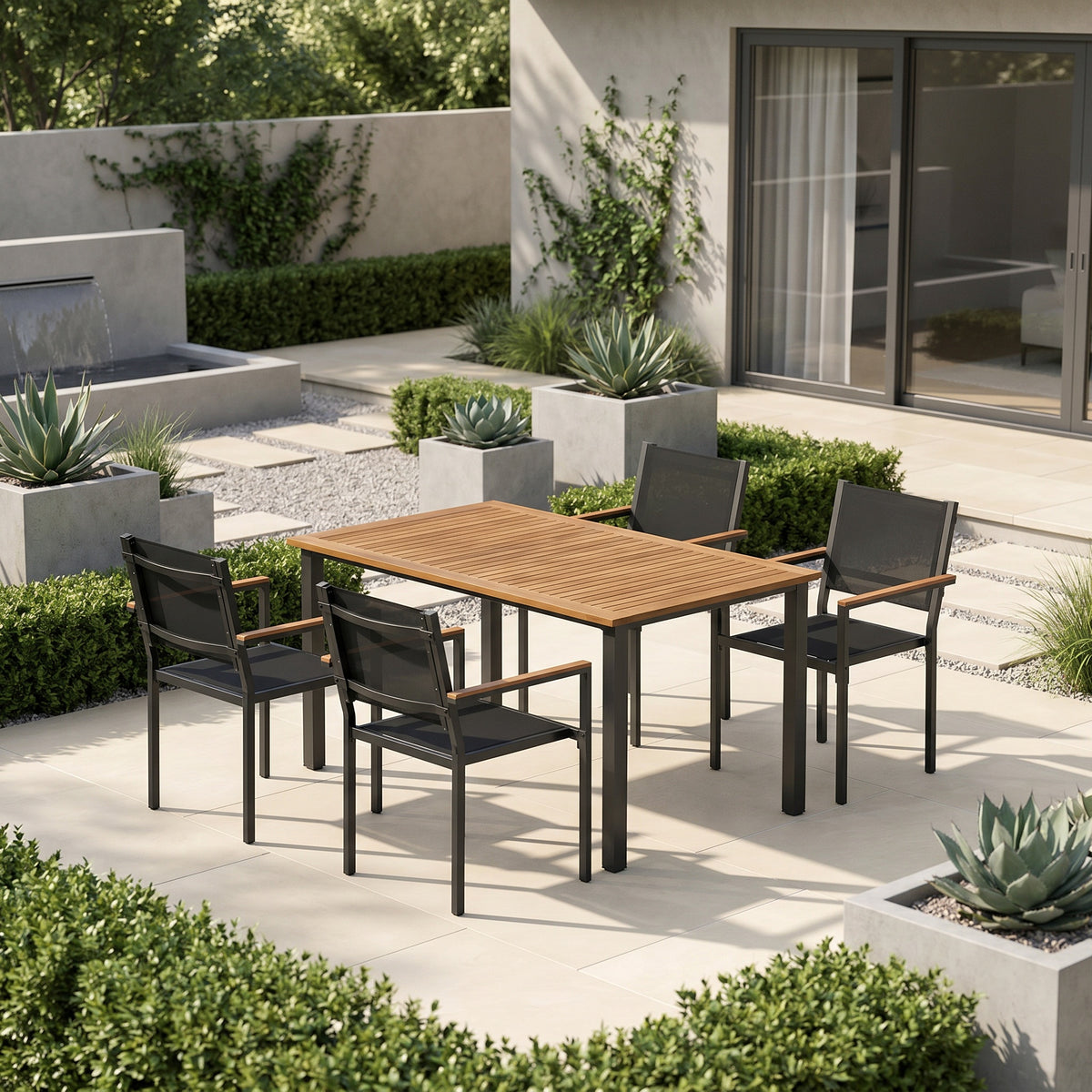 Sfeerco Outdoor Acacia Wood Patio Dining Set 4-Piece Rectangle Table 59 Inch Stackable Chairs — Vega