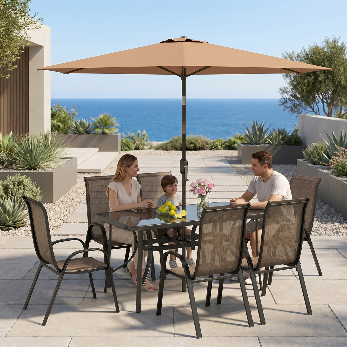 Sfeerco Outdoor Dining Set 8-Piece with 9Ft Umbrella Rattan Chairs & Table Light Mixed Brown — Porto