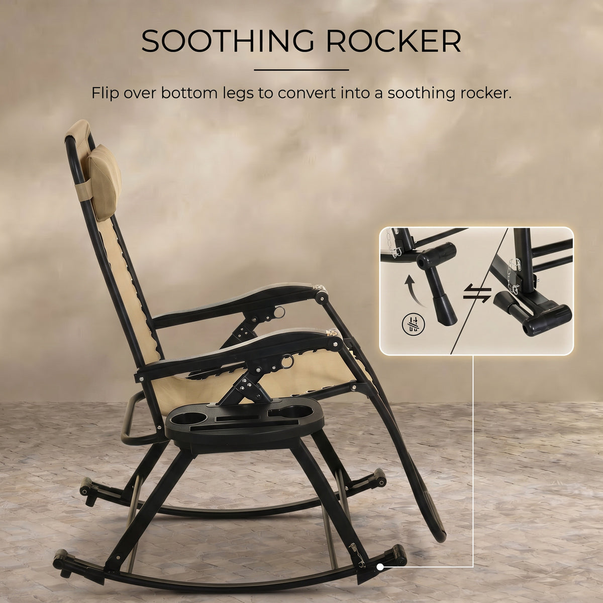 Sfeerco Outdoor Zero Gravity Rocking Chairs Set of 2, Foldable Reclining Lounge Chairs with Pillow, Cup Holder and Phone Holder, Beige