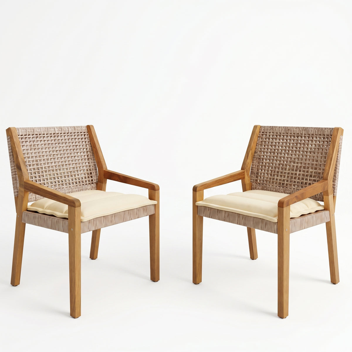 Sfeerco Outdoor Acacia Wood Wicker Dining Chair Set of 2 with Cream Cushion Teak Finish — Teca