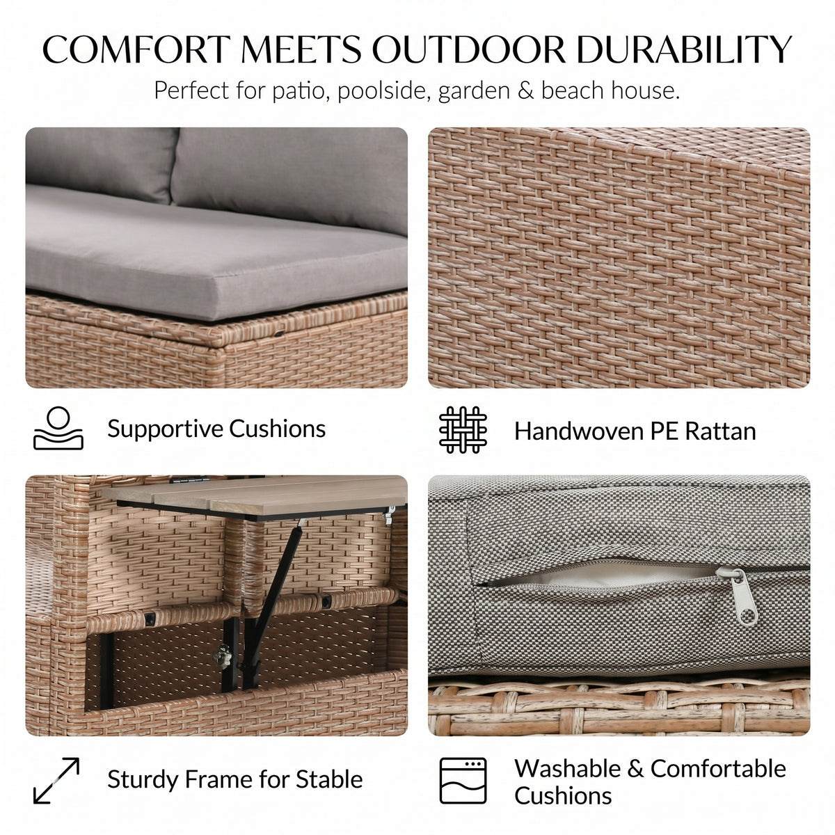 Sfeerco Outdoor PE Rattan Sectional Sofa Set 5-Piece L-Shaped with Extendable Side Tables Washable Cushions Brown