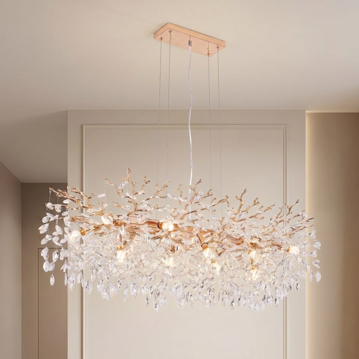 Sfeerco Modern Gold Crystal Tree Branch Chandelier 49.2 Inch 14-Light Rectangular Raindrop Pendant Dining Room Kitchen Island Living Room