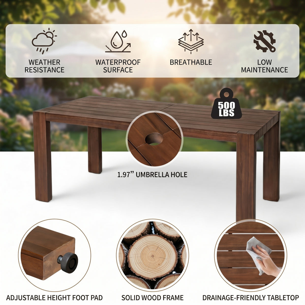 Sfeerco Outdoor Acacia Wood Patio Dining Set 7-Piece 71 Inch Rectangular Table 4 Chairs and Bench Umbrella Hole Mocha Beige Cushion