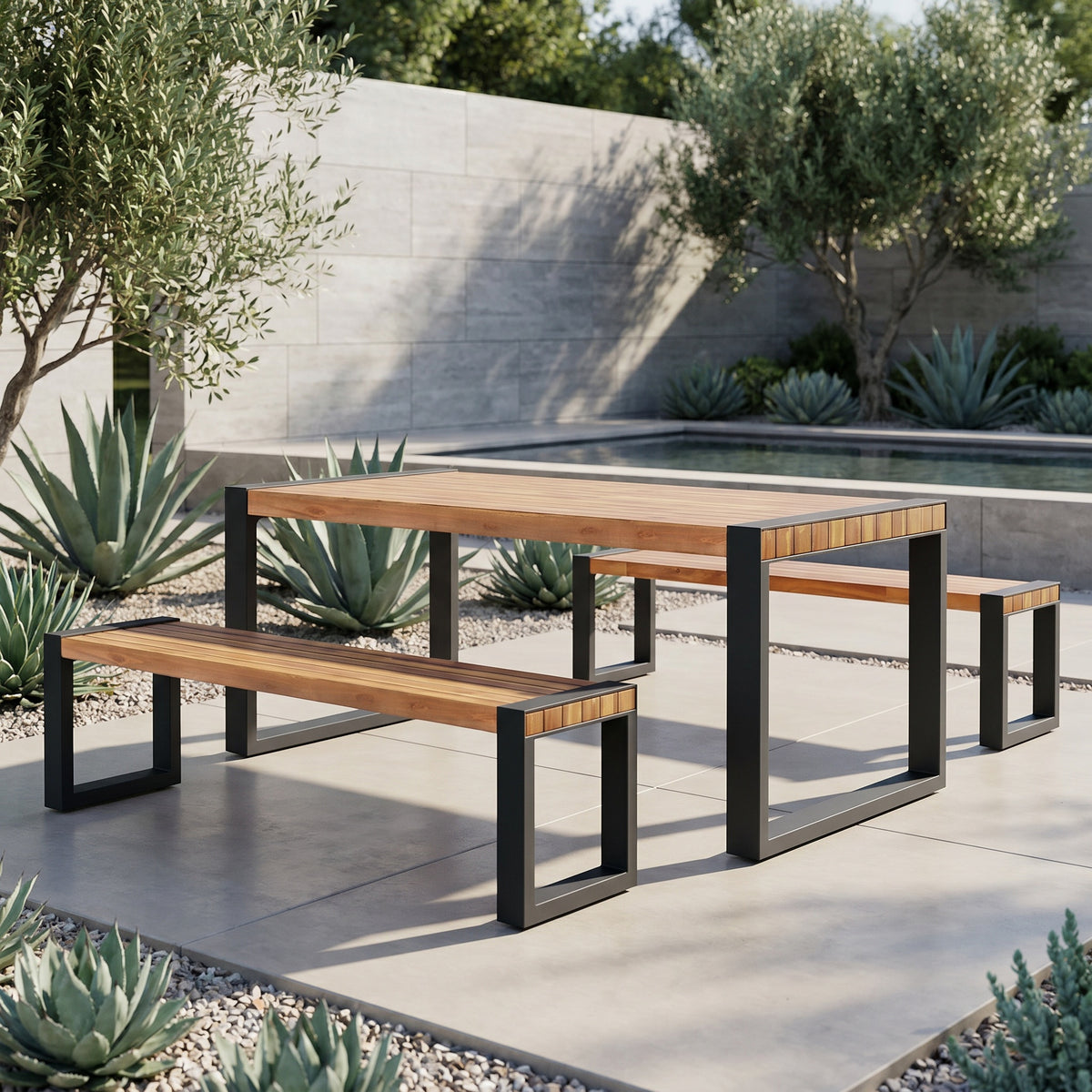 Sfeerco Outdoor Acacia Wood Dining Set 3-Piece Rectangle Table and 2 Benches Steel Frame Natural — Banco