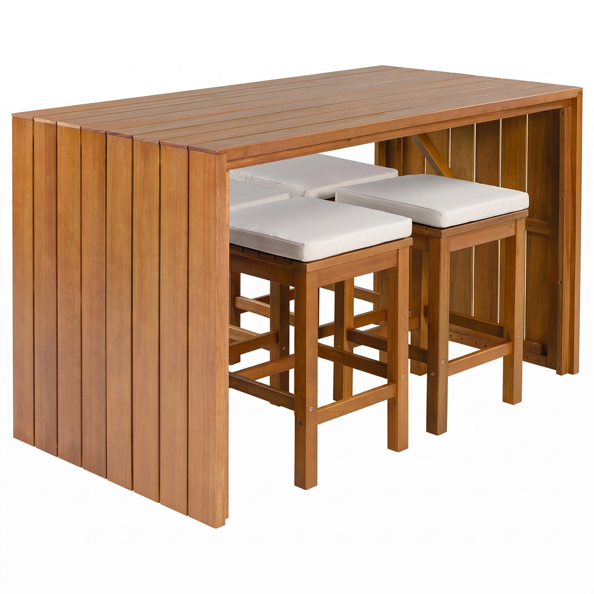 Sfeerco Outdoor Acacia Wood Bar Set 5-Piece Bar Height Table and 4 Cushioned Stools Beige Natural Wood Patio