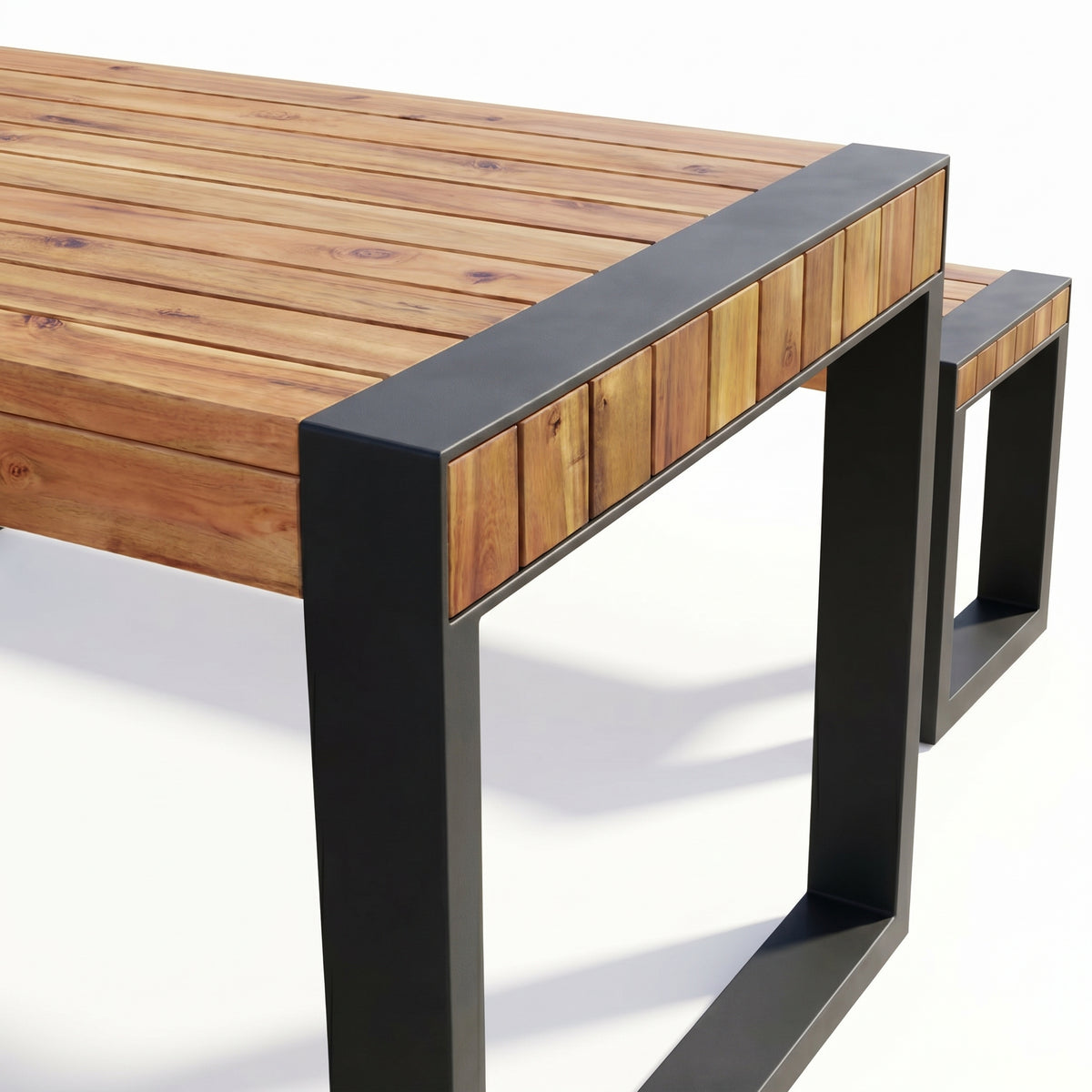 Sfeerco Outdoor Acacia Wood Dining Set 3-Piece Rectangle Table and 2 Benches Steel Frame Natural — Banco
