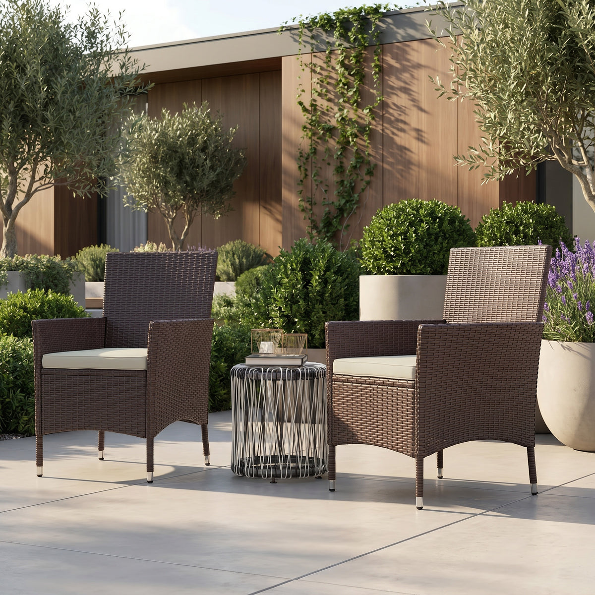 Sfeerco Outdoor Rattan Wicker Dining Chair Set of 2 with Cream Cushion Stackable Dark Coffee Patio