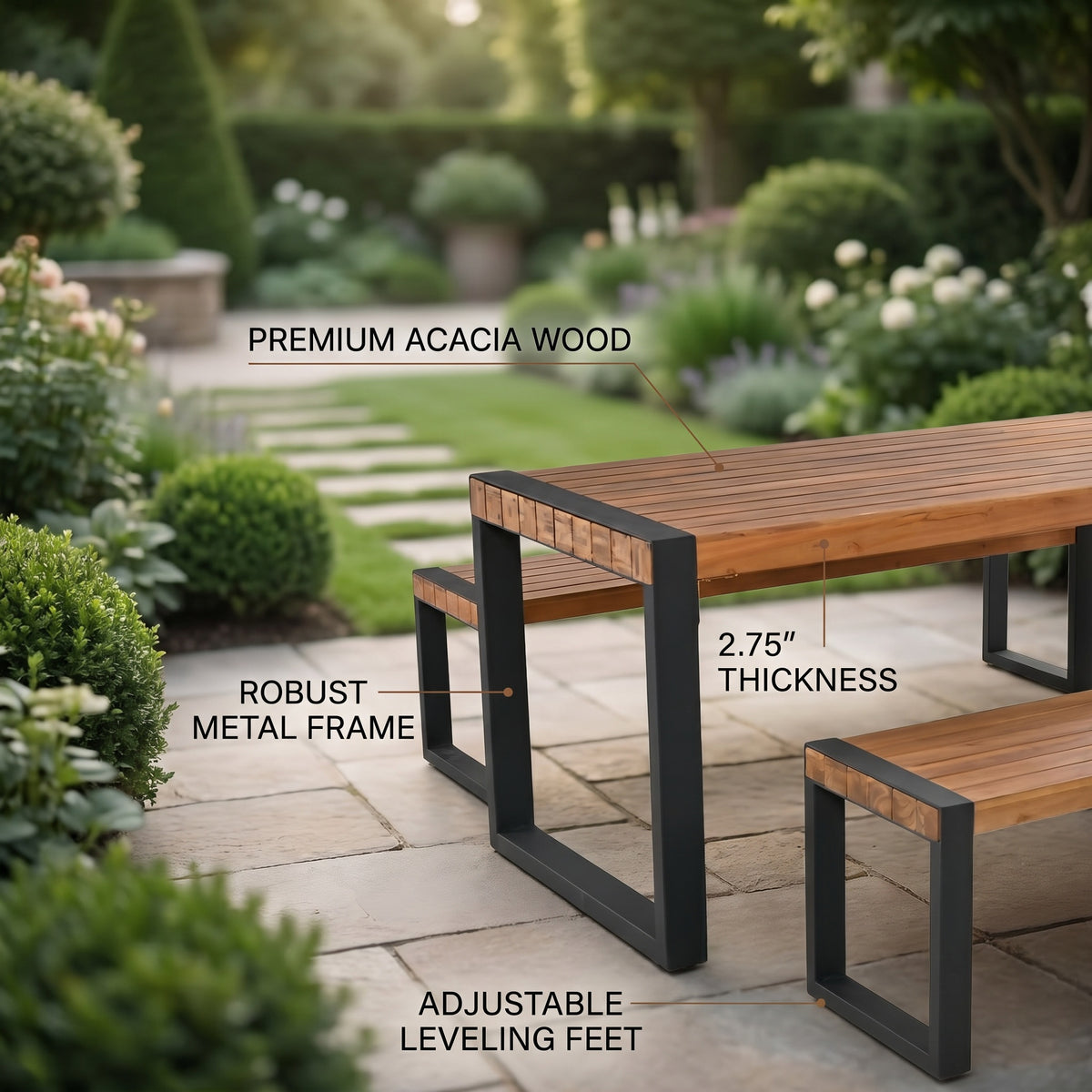 Sfeerco Outdoor Acacia Wood Dining Set 3-Piece Rectangle Table and 2 Benches Steel Frame Natural — Banco