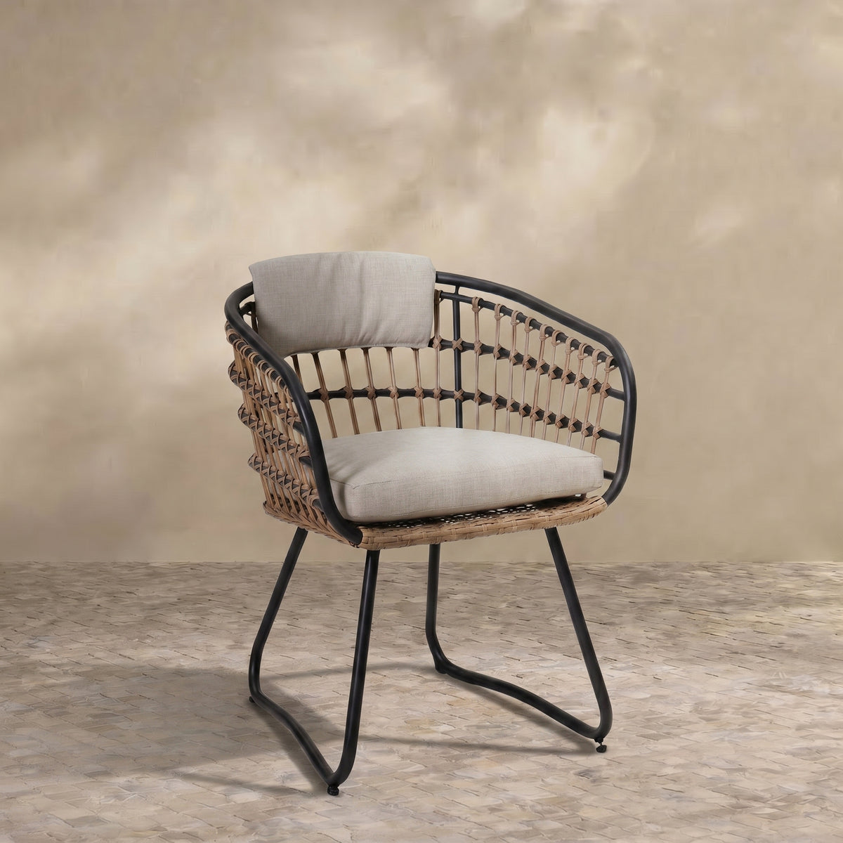 Sfeerco Outdoor Rattan Dining Chair Set of 2 with Cushions PE Wicker Armchair Beige — Cavo