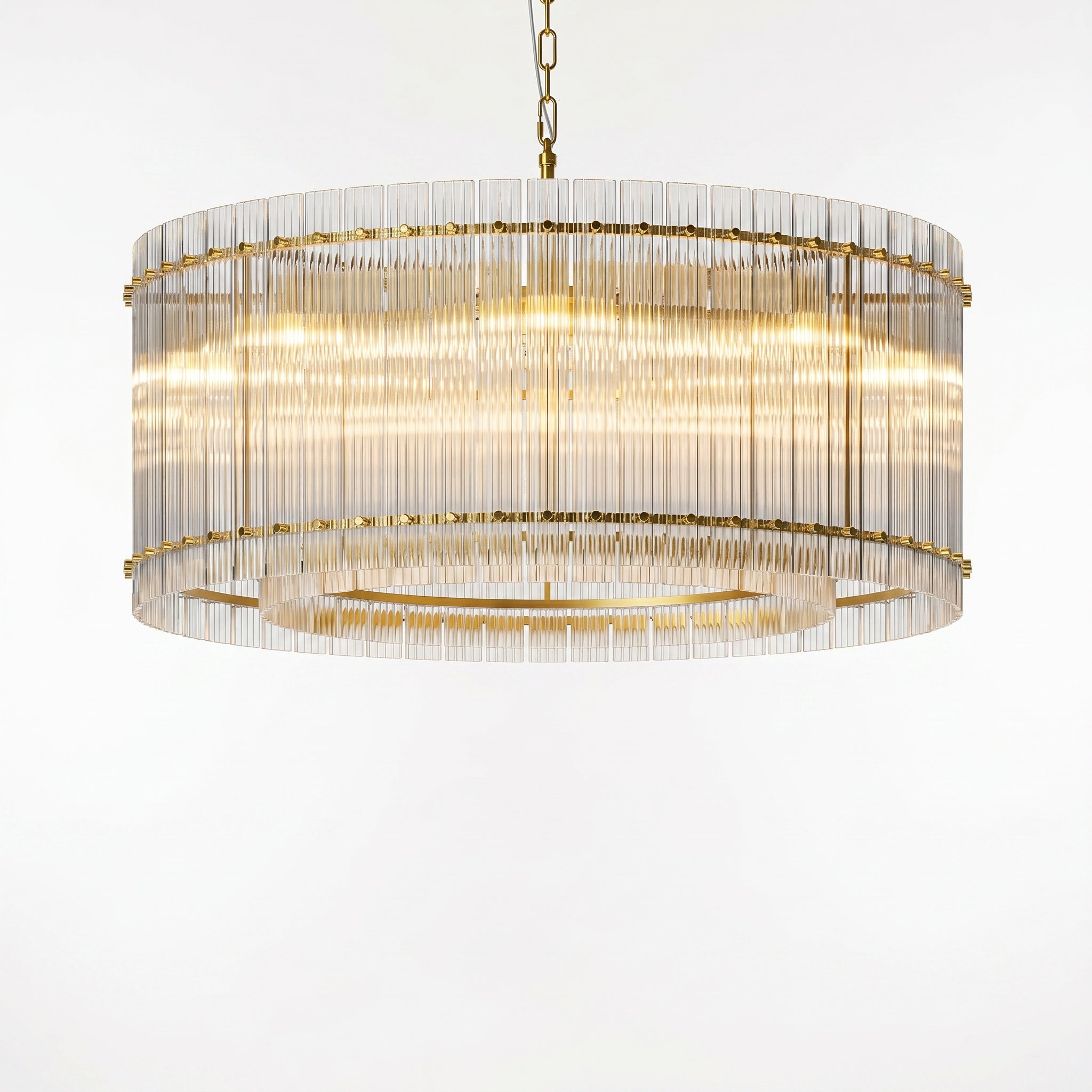 Sfeerco Modern Gold Round Chandelier 37 Inch 2-Tier 8-Light Water Ripple Crystal Glass High Ceiling Dining Room Living Room Foyer