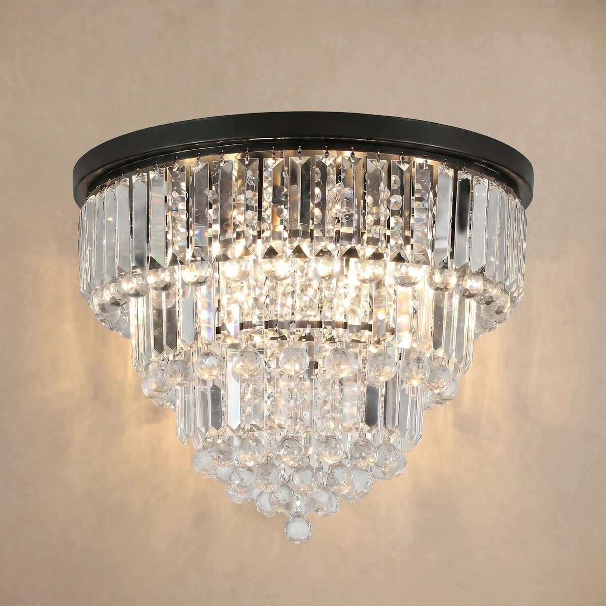 Sfeerco Modern Crystal Flush Mount Ceiling Light 6-Light K9 Crystal Chandelier Black 19.7 Inch Living Room Dining Room Bedroom