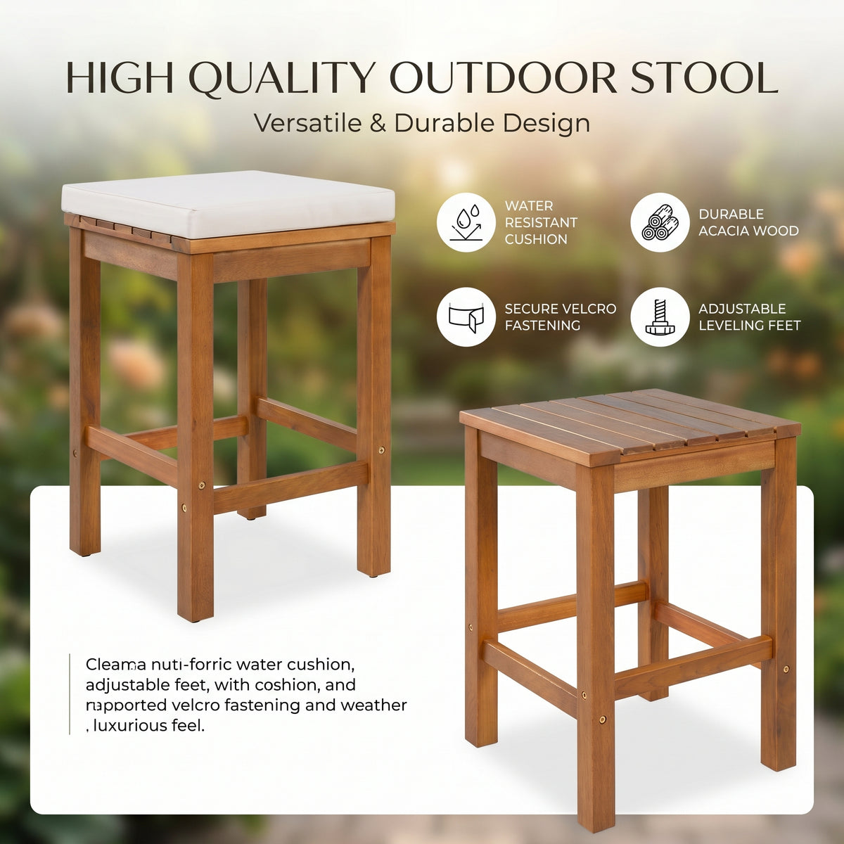 Sfeerco Outdoor Acacia Wood Bar Set 5-Piece Bar Height Table and 4 Cushioned Stools Beige Natural Wood Patio