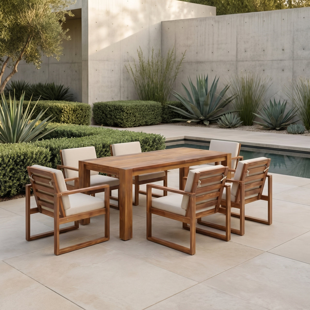 Sfeerco Outdoor Acacia Wood Patio Dining Set 7-Piece with Umbrella Hole 6 Chairs Removable Cushions Mocha Beige — Forza
