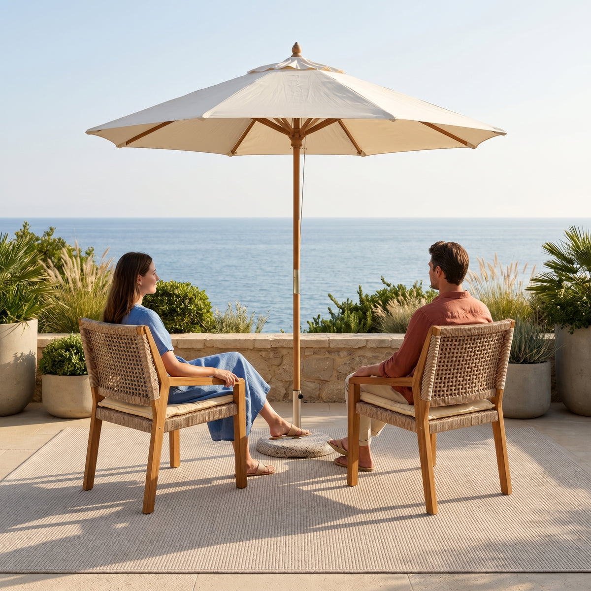 Sfeerco Outdoor Acacia Wood Wicker Dining Chair Set of 2 with Cream Cushion Teak Finish — Teca