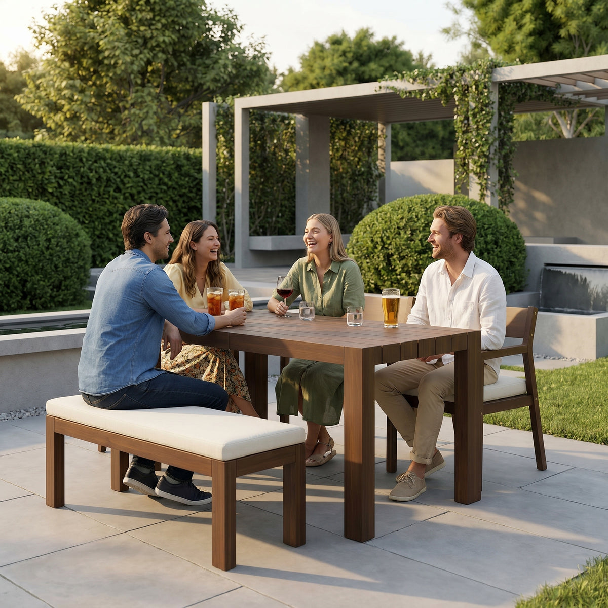 Sfeerco Outdoor Acacia Wood Patio Dining Set 7-Piece 71 Inch Rectangular Table 4 Chairs and Bench Umbrella Hole Mocha Beige Cushion