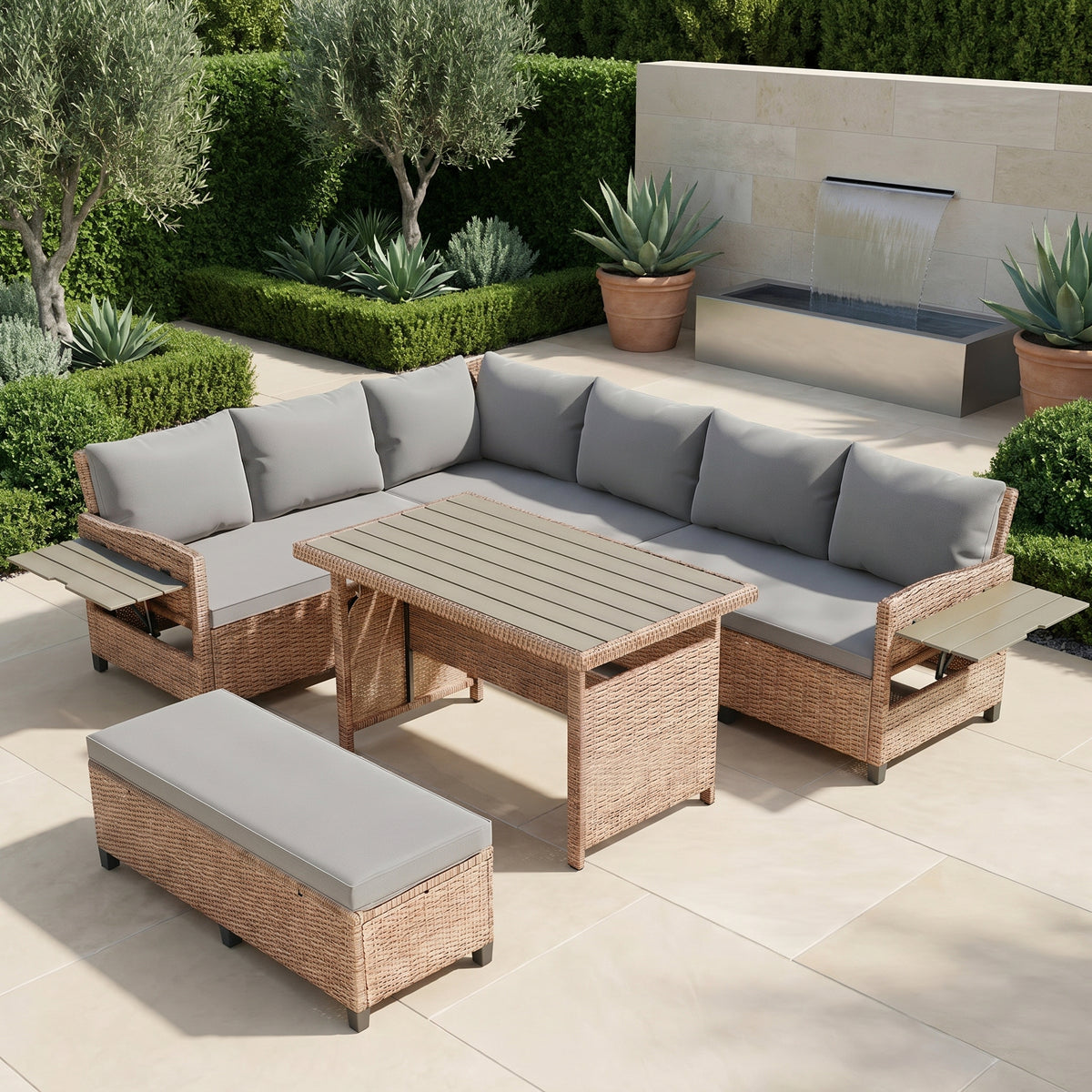 Sfeerco Outdoor PE Rattan Sectional Sofa Set 5-Piece L-Shaped with Extendable Side Tables Washable Cushions Brown