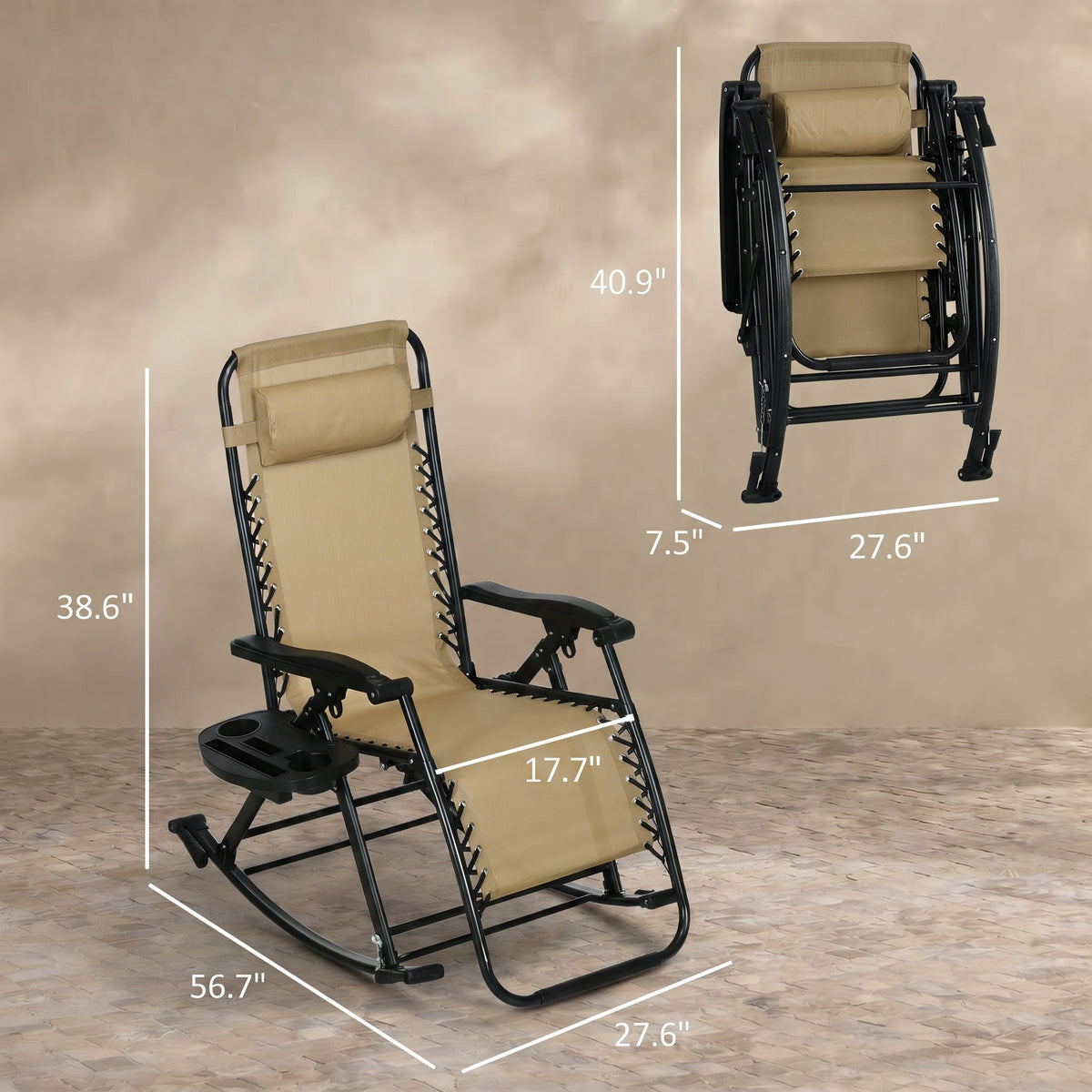 Sfeerco Outdoor Zero Gravity Rocking Chairs Set of 2, Foldable Reclining Lounge Chairs with Pillow, Cup Holder and Phone Holder, Beige