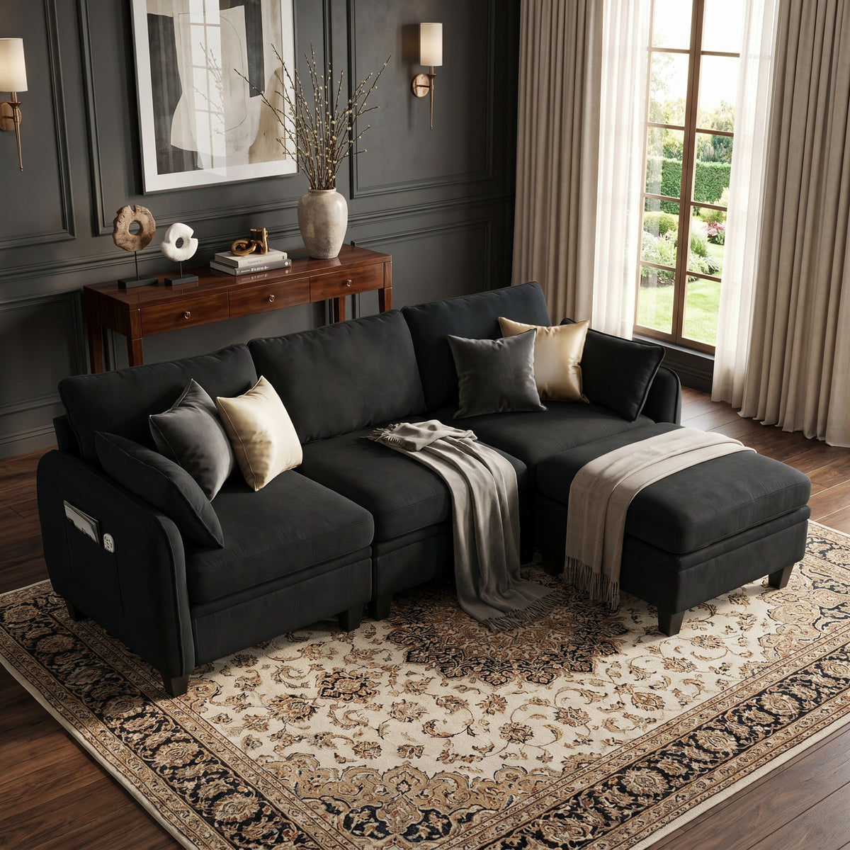 Sfeerco Modular L-Shaped Sectional Sofa 4-Seat Chenille Cloud Couch with Storage Ottoman Black Living Room