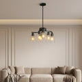 Sfeerco Modern Farmhouse Black Chandelier 6-Light Clear Glass Shade Adjustable Height Industrial Pendant Dining Room Kitchen Island