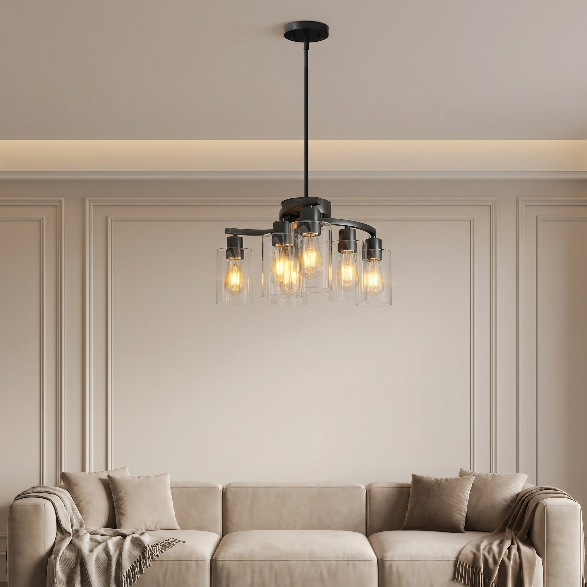 Sfeerco Modern Farmhouse Black Chandelier 6-Light Clear Glass Shade Adjustable Height Industrial Pendant Dining Room Kitchen Island