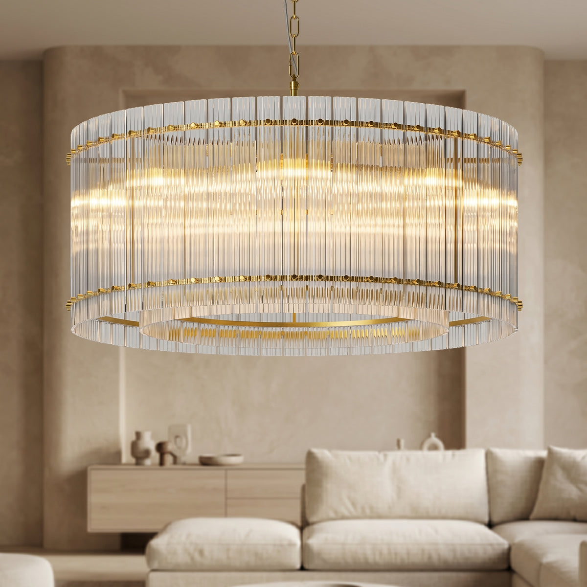 Sfeerco Modern Gold Round Chandelier 37 Inch 2-Tier 8-Light Water Ripple Crystal Glass High Ceiling Dining Room Living Room Foyer