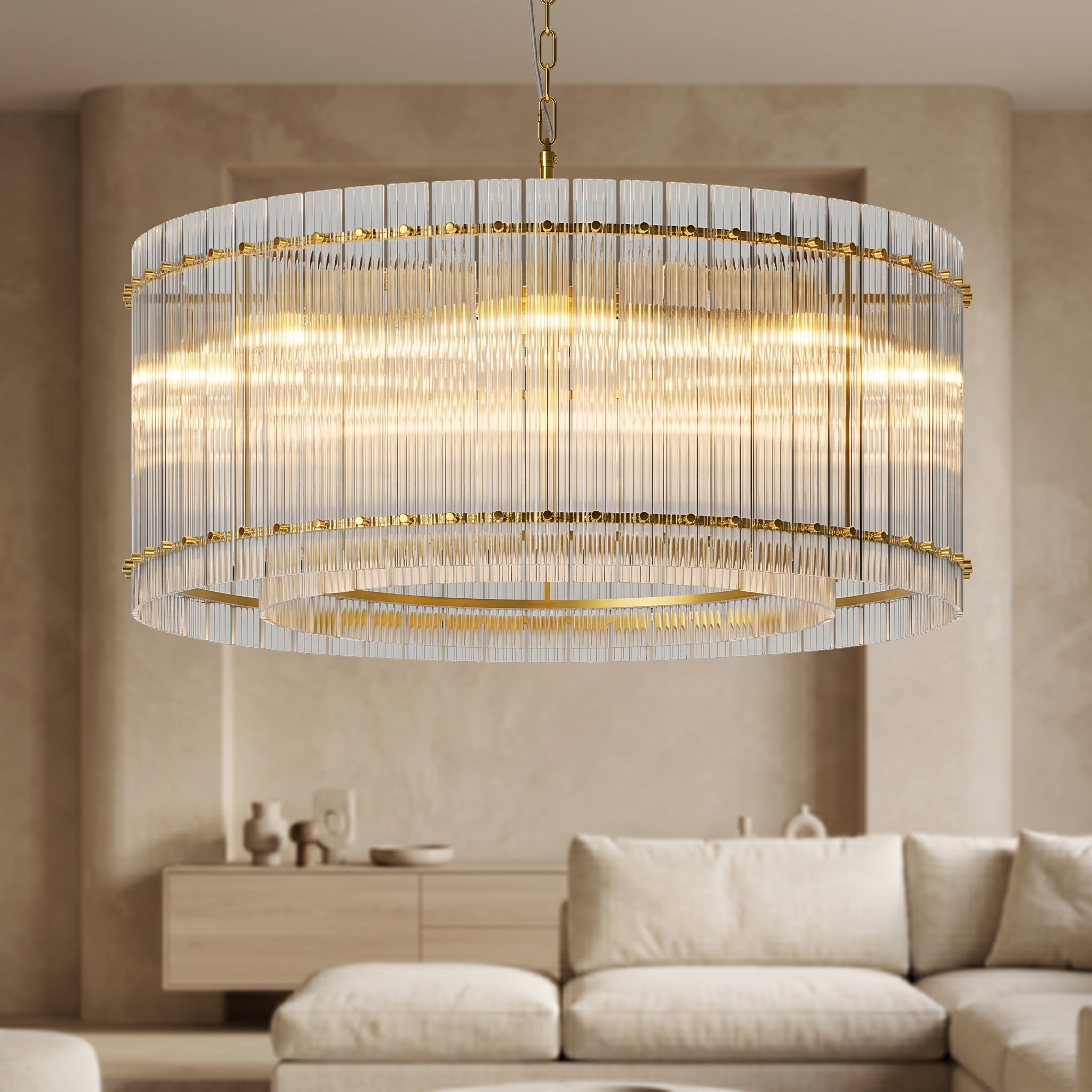 Sfeerco Modern Gold Round Chandelier 37 Inch 2-Tier 8-Light Water Ripple Crystal Glass High Ceiling Dining Room Living Room Foyer