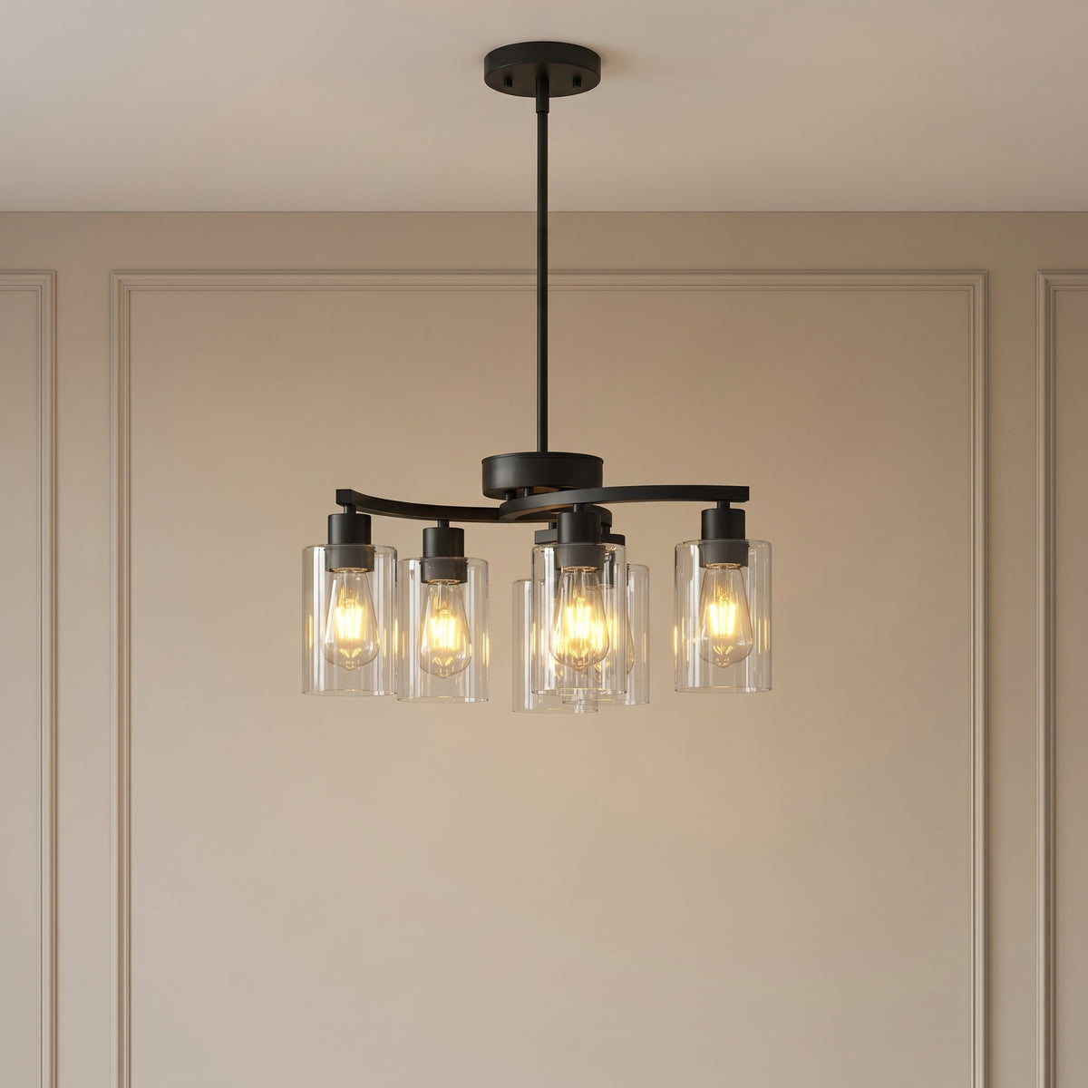 Sfeerco Modern Farmhouse Black Chandelier 6-Light Clear Glass Shade Adjustable Height Industrial Pendant Dining Room Kitchen Island