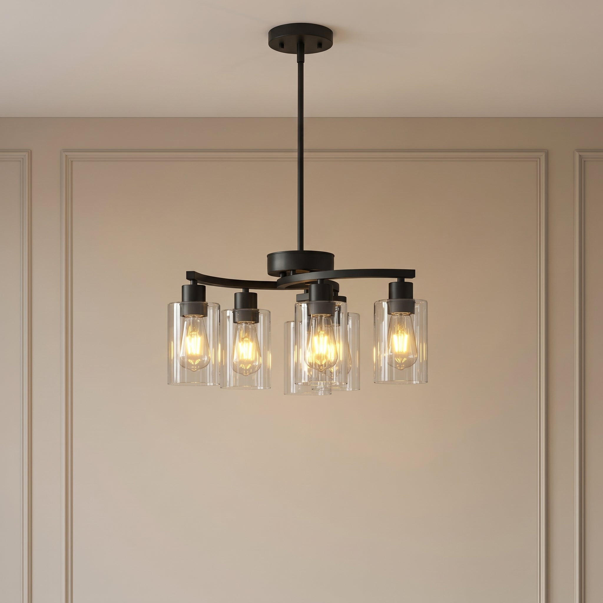 Sfeerco Modern Farmhouse Black Chandelier 6-Light Clear Glass Shade Adjustable Height Industrial Pendant Dining Room Kitchen Island