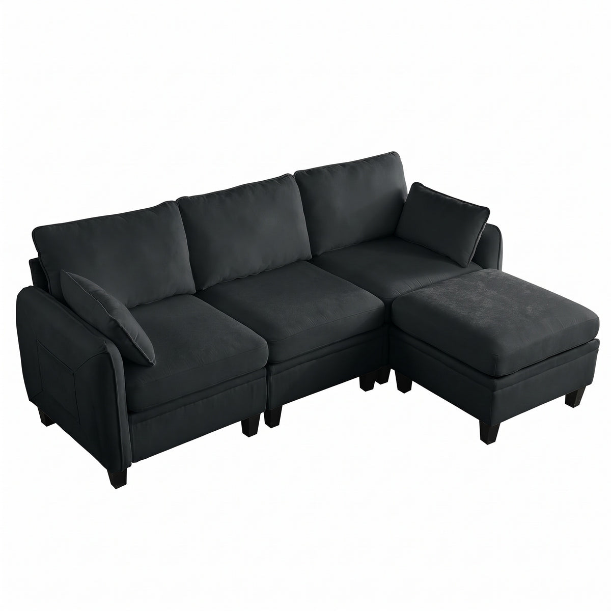 Sfeerco Modular L-Shaped Sectional Sofa 4-Seat Chenille Cloud Couch with Storage Ottoman Black Living Room