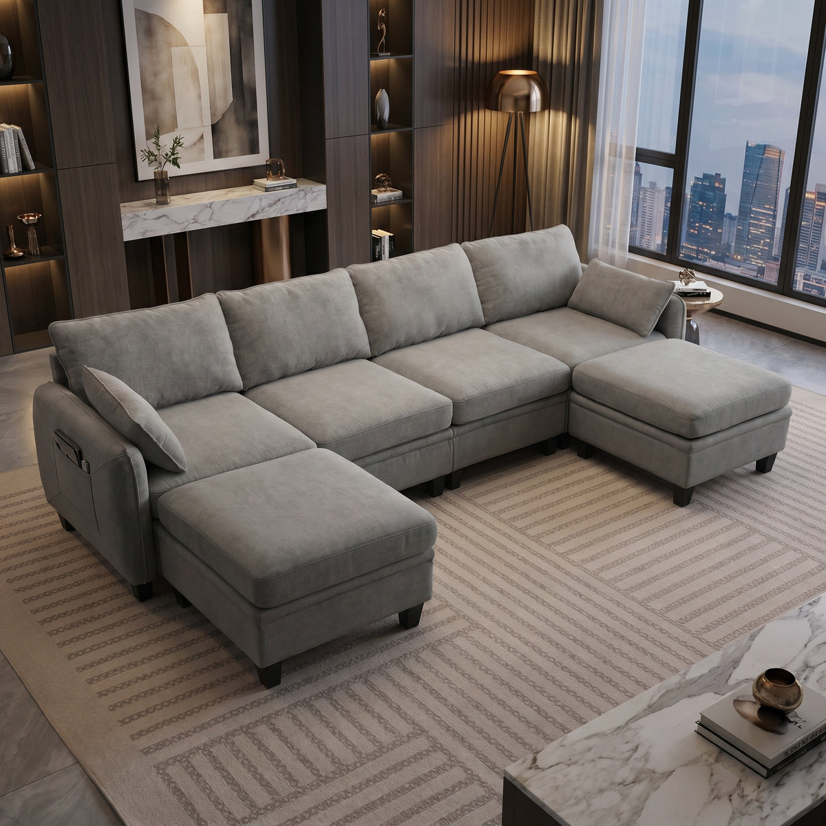 Sfeerco Modular L-Shaped Sectional Sofa 6-Seat Chenille Cloud Couch with Storage Ottoman Dark Grey Living Room
