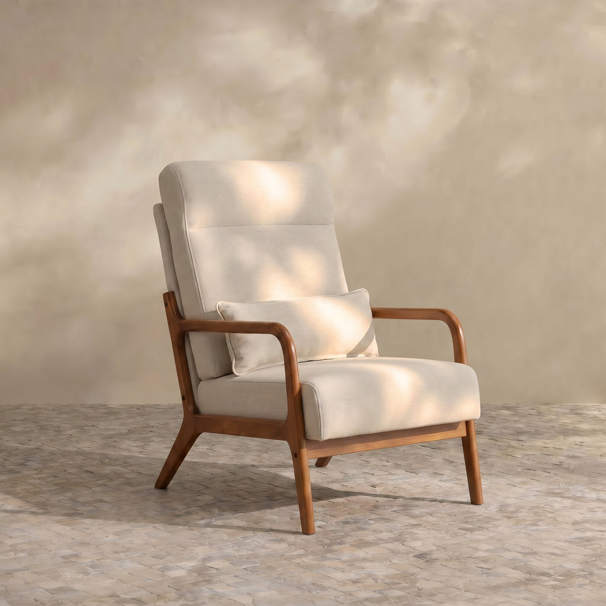 Sfeerco Solid Wood Accent Chair with Linen Cushion, Mid-Century Modern Armchair for Living Room, Off-White