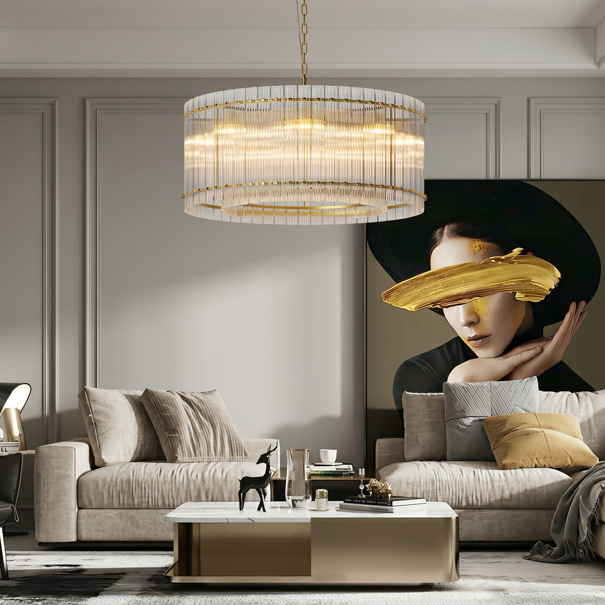 Sfeerco Modern Gold Round Chandelier 37 Inch 2-Tier 8-Light Water Ripple Crystal Glass High Ceiling Dining Room Living Room Foyer