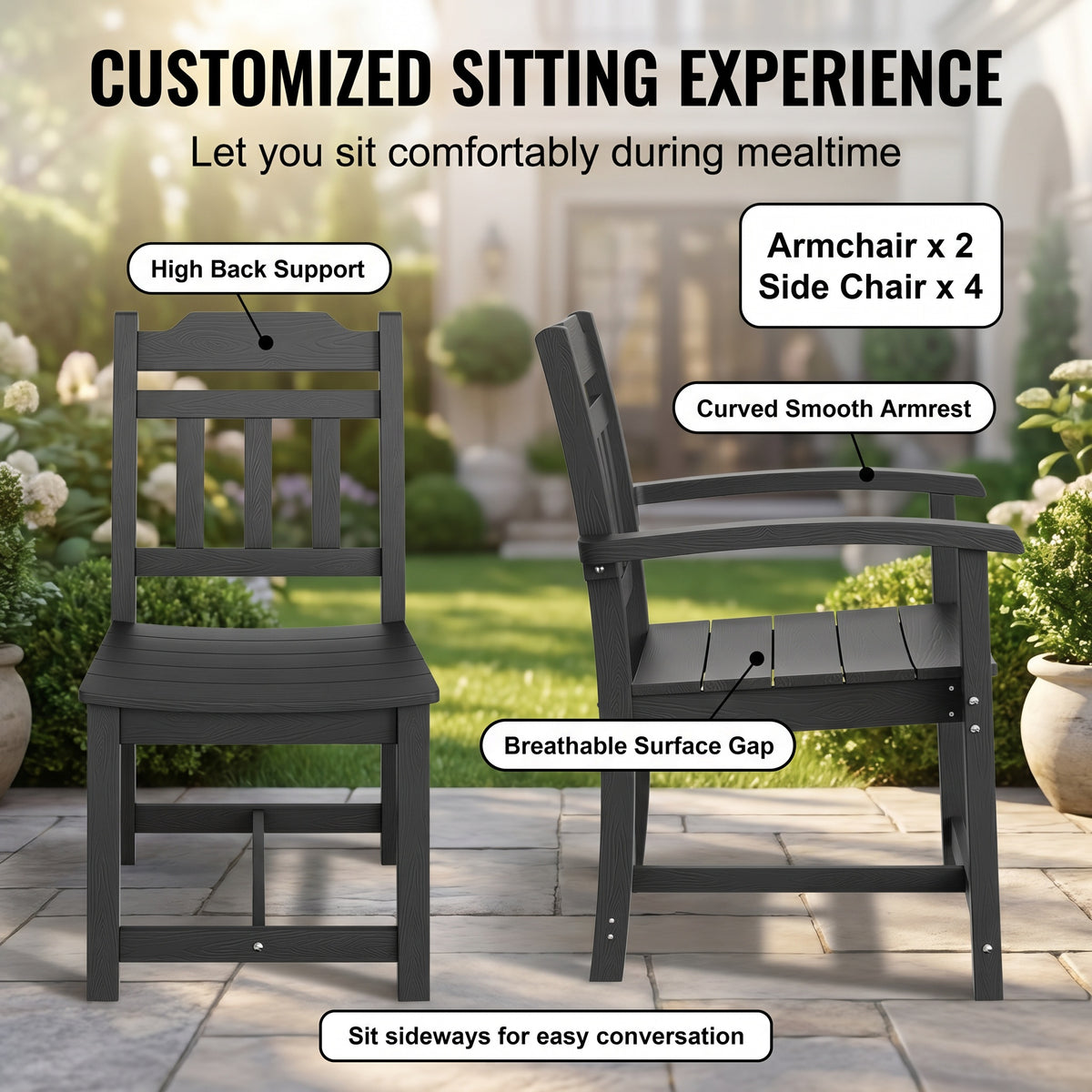 Sfeerco Outdoor Weatherproof Patio Dining Set 7-Piece Rectangle Table and 6 Chairs Black — Dusk