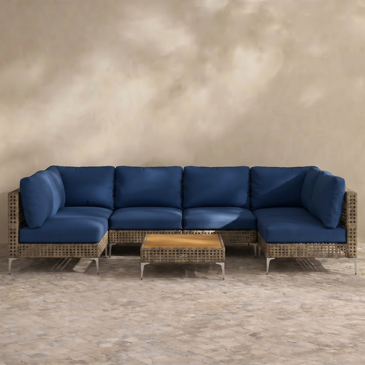 Sfeerco Outdoor Rattan Patio Sectional Sofa Set L-Shaped with Coffee Table Natural Wicker – Capri