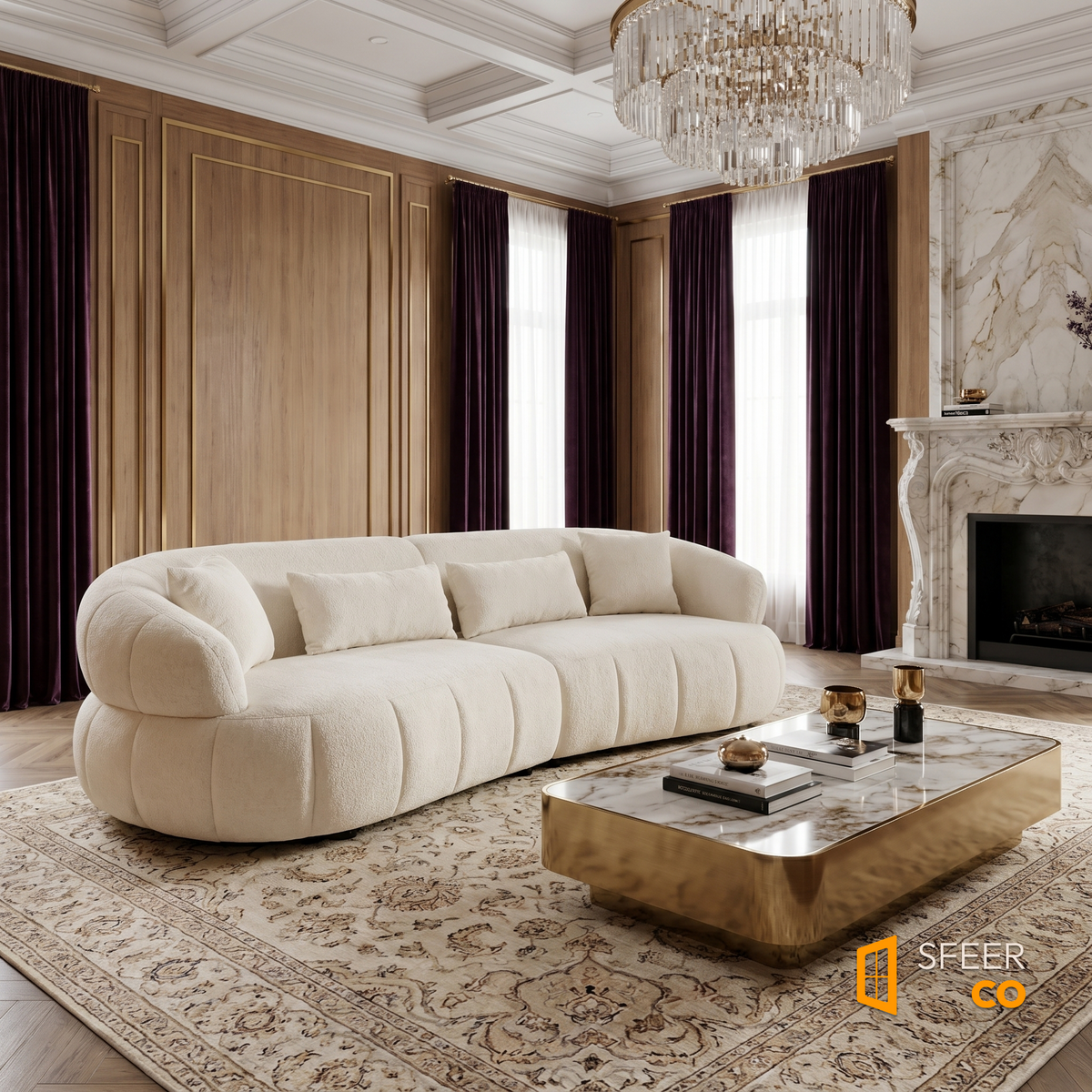 Sfeerco Arco modern curved sofa in classic European living room with warm lighting