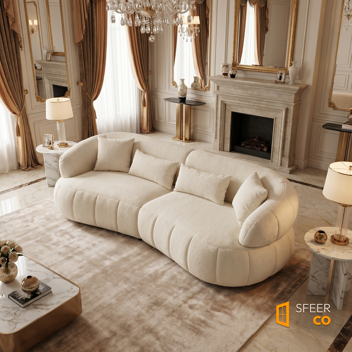 Sfeerco Arco modern curved sofa in classic European living room with warm lighting and draped curtains