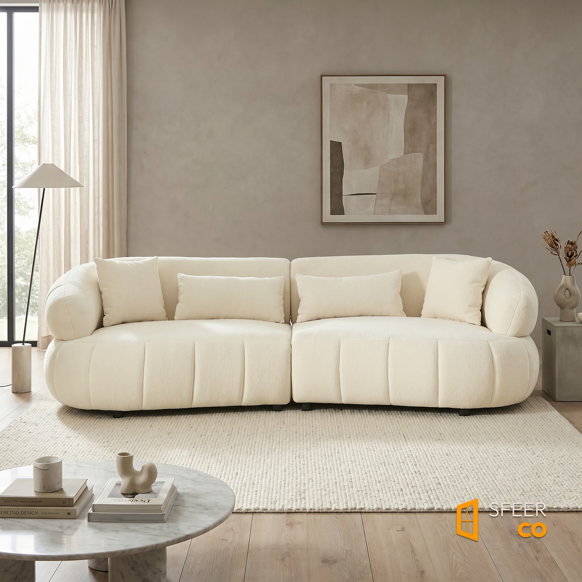 Sfeerco Arco curved cloud sofa in minimalist living room warm neutral interior