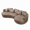 Angled view of Sfeerco Arco brown curved sectional sofa with chaise and cushions