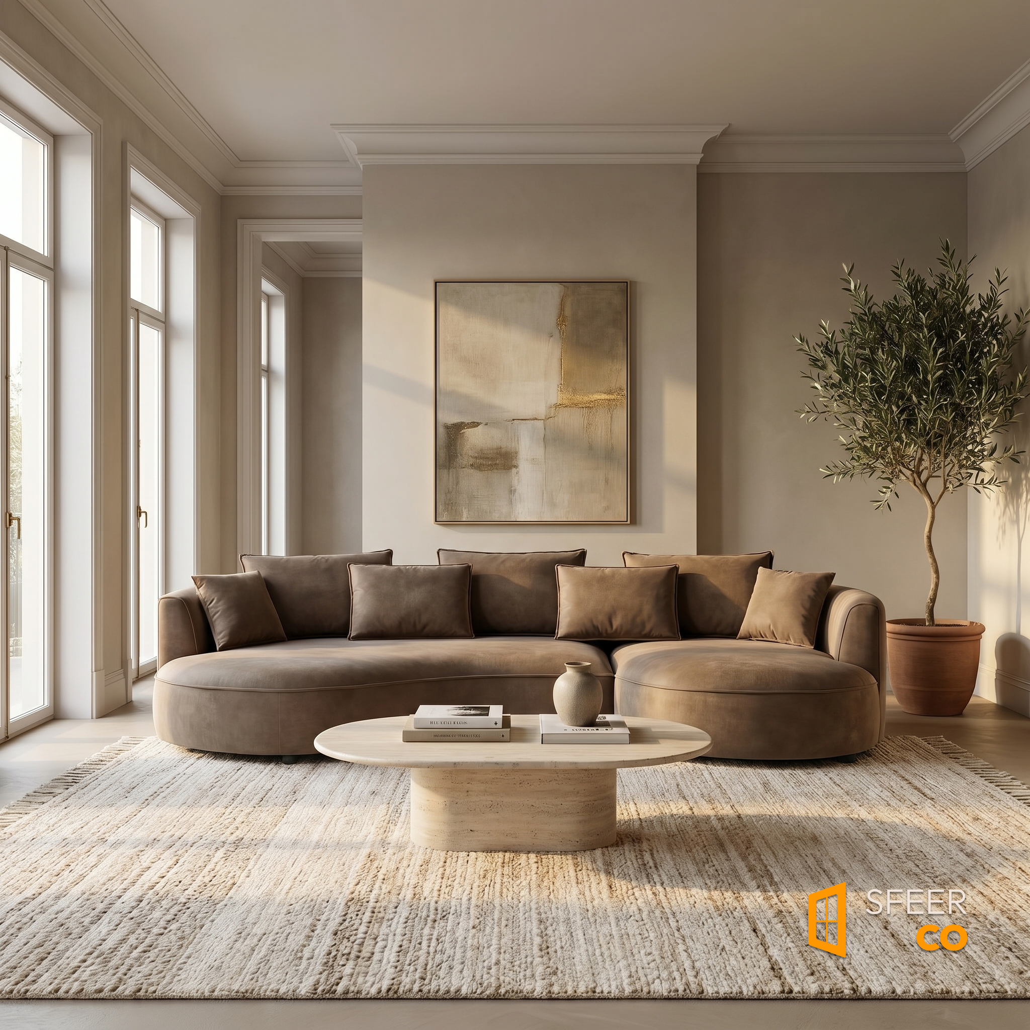 Sfeerco Arco brown curved sectional sofa styled in neutral modern living room with round coffee table