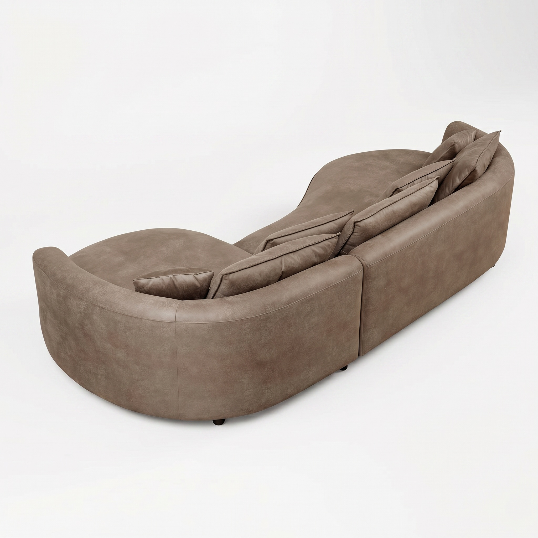 Side profile of Sfeerco Arco curved sofa showing sculptural silhouette in brown leathaire