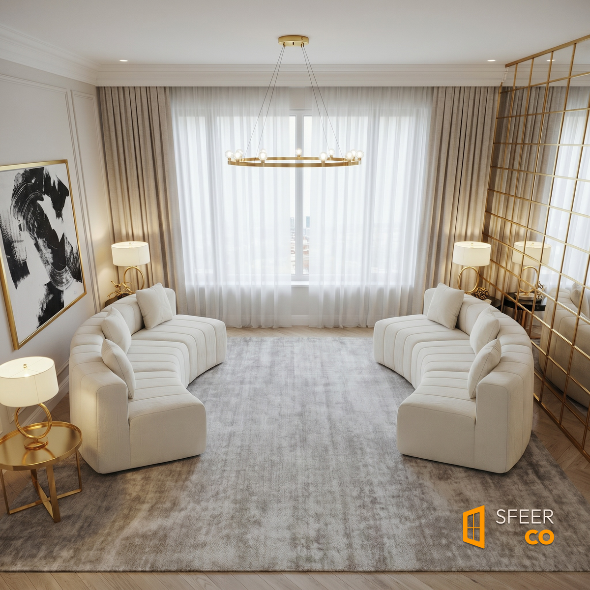 Sfeerco Arco curved sectional sofa in warm contemporary living room with plants and natural light view