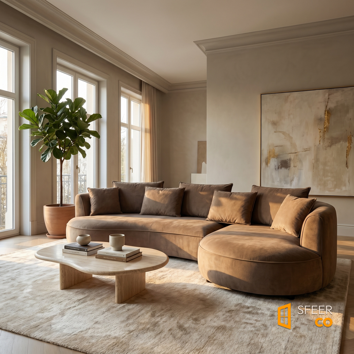 Sfeerco Arco curved sectional sofa in warm contemporary living room with plants and natural light
