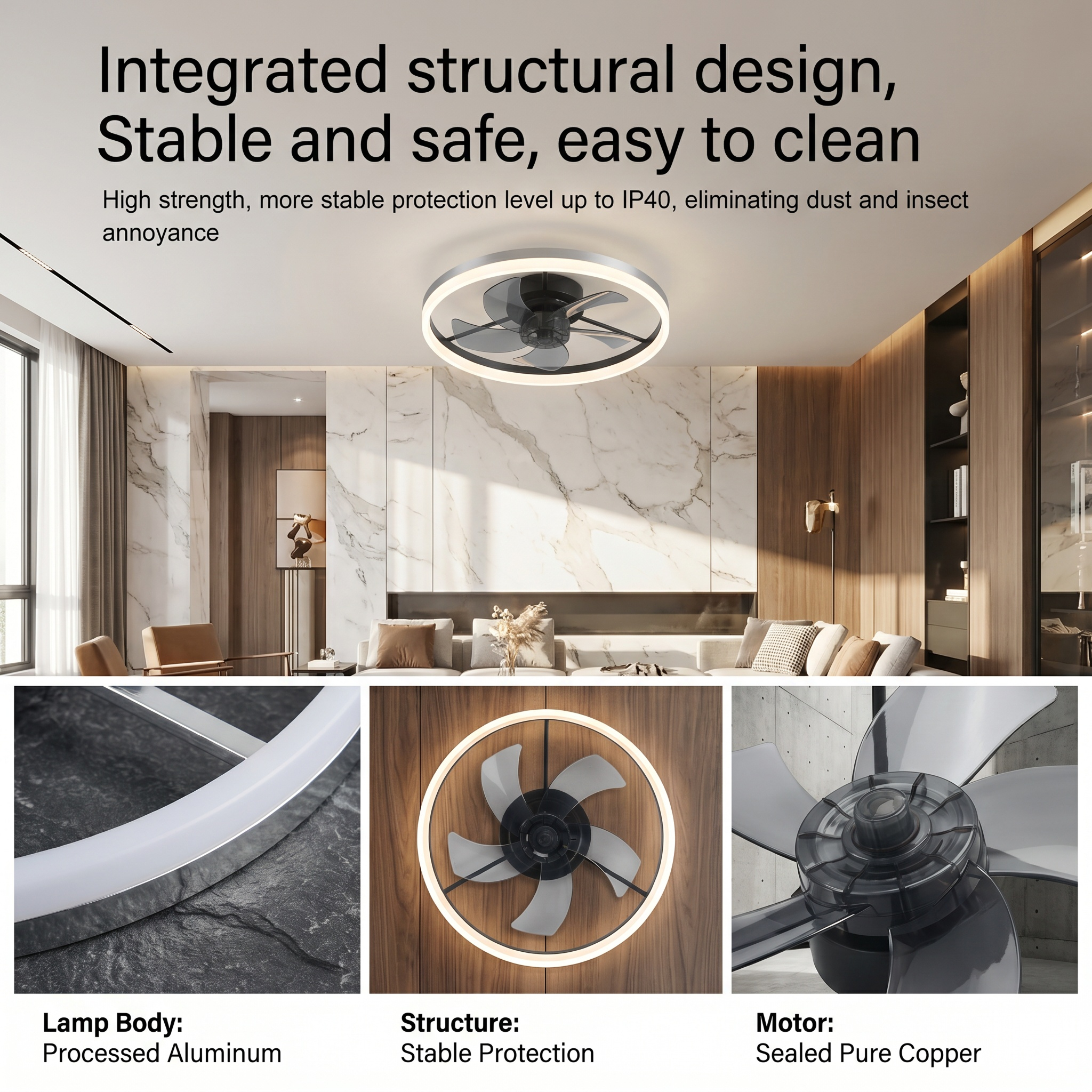 Infographic showing Sfeerco Aria integrated structural design with processed aluminum lamp body stable structure and sealed pure copper motor