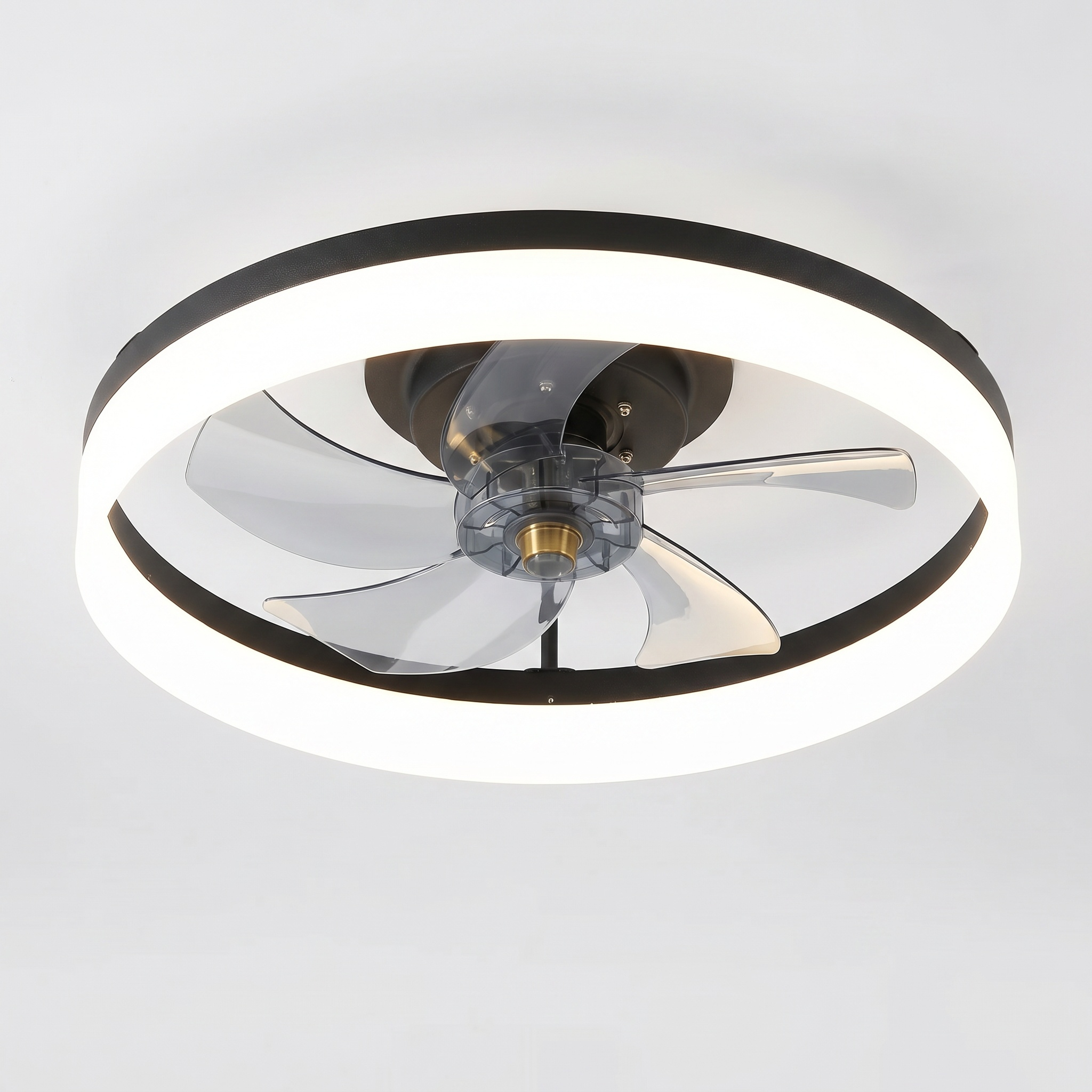 Sfeerco Aria round LED ceiling fan light in black and white on white background showing fan blade design